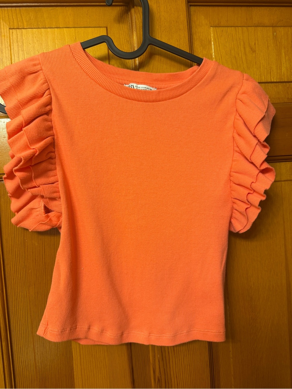 Zara Coral Orange Ruffled Short Sleeve Top